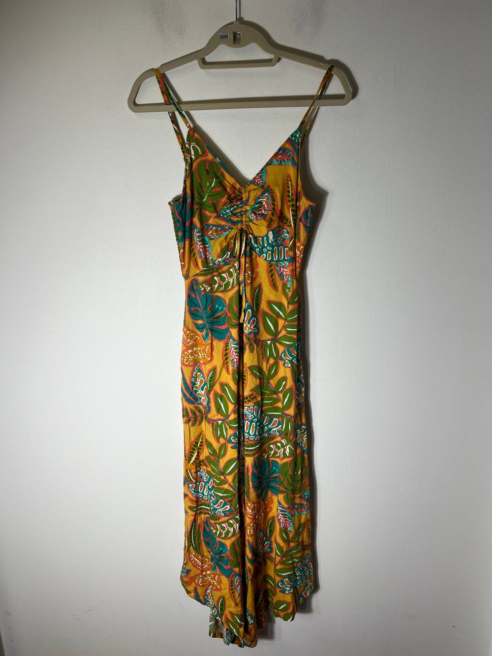 Japna Yellow and Teal Palm Spaghetti Strap Maxi Dress Sz S
